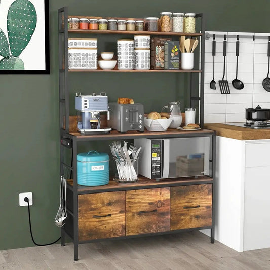 Black metal kitchen baker's rack with brown wood shelves and three storage drawers on Tampa Home & Garden Store