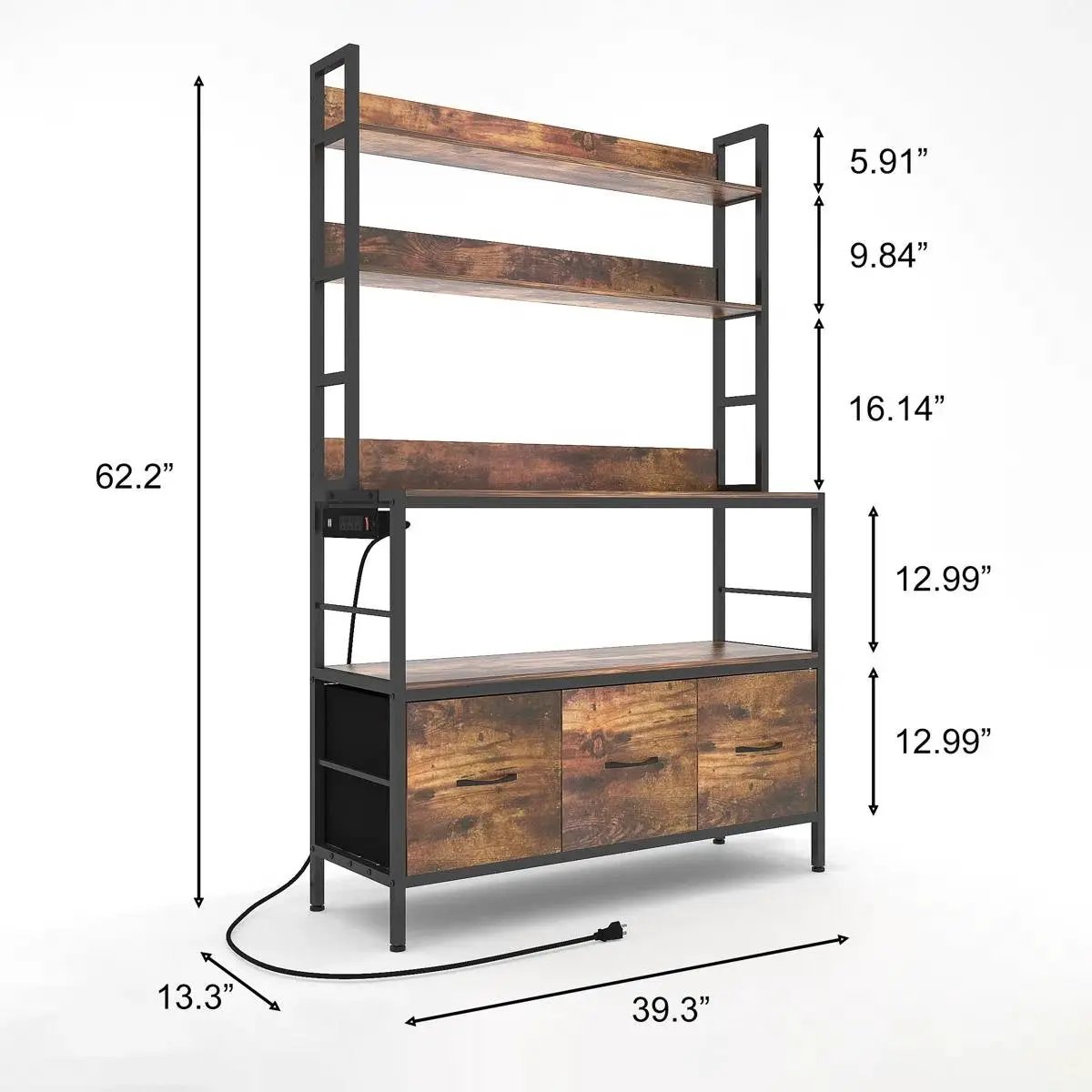 Black metal kitchen baker's rack with rustic wood shelves and three wood-front storage cabinets on Tampa Home & Garden Store