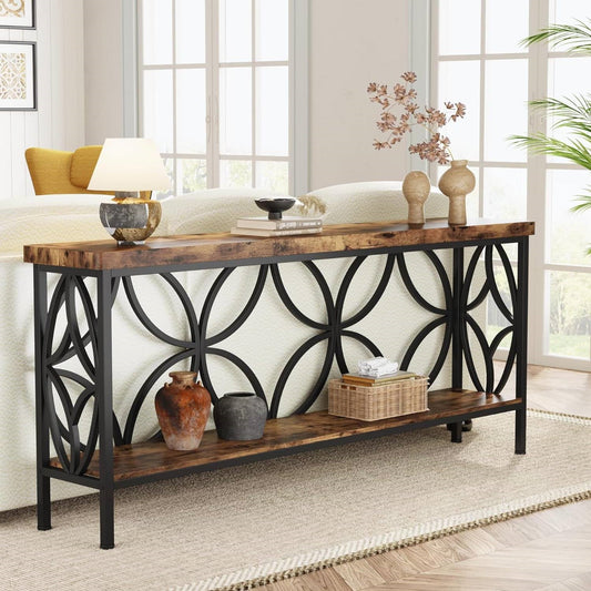 Moderna mesa de sofá consola estrecha de 70 pulgadas de largo con tapa y estante de madera marrón