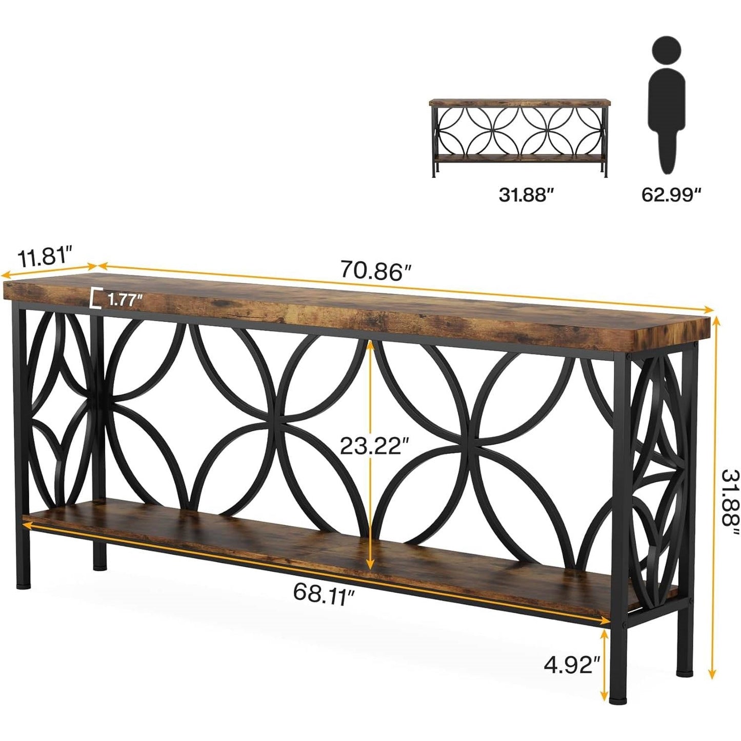 Moderna mesa de sofá consola estrecha de 70 pulgadas de largo con tapa y estante de madera marrón