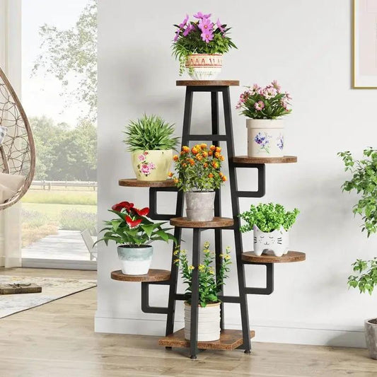 Modern Multi-Tier Plant Stand with Wood Shelves, black metal frame, holds potted plants on Tampa Home & Garden Store