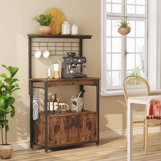 Industrial kitchen bakers rack cart with black metal frame and wood shelves, espresso machine on Tampa Home & Garden Store