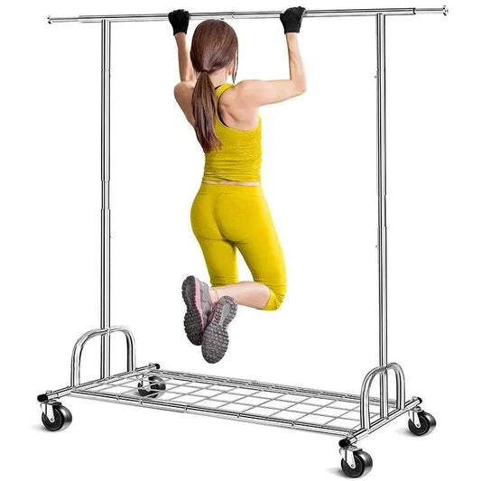 Heavy Duty Metal Clothing Bar Garment Rack chrome finish steel frame with lockable casters on Tampa Home & Garden Store