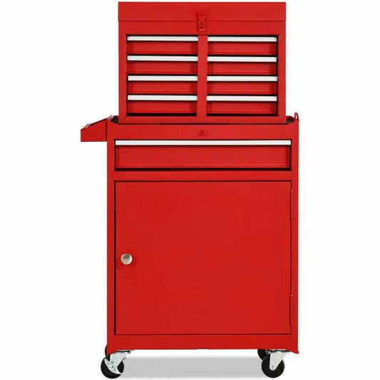 Red heavy-duty steel lockable rolling tool chest with drawers and cabinet on casters on Tampa Home & Garden Store