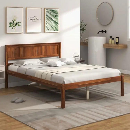 Retro walnut wood platform bed with headboard, full-size wooden bed frame on Tampa Home & Garden Store