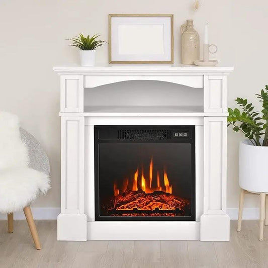 White 32-inch electric TV stand fireplace mantel with shelf and flames HomePacific on Tampa Home & Garden Store