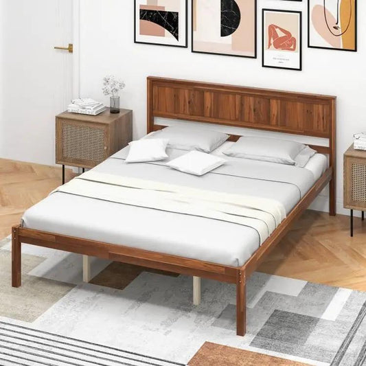 Queen Size Retro Walnut Platform Bed with paneled headboard and two walnut nightstands in a modern bedroom on Tampa Home & Garden Store