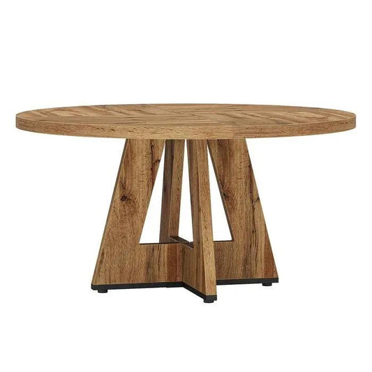 Modern 4-Person Circular Dining Table with retro brown wood finish and pedestal base on Tampa Home & Garden Store