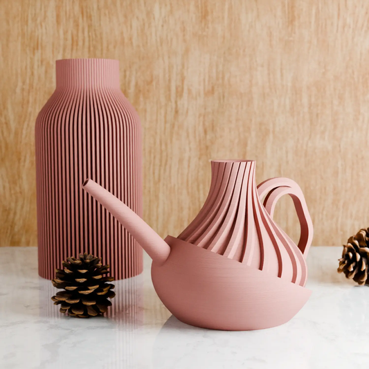 Revolve Watering Can with Elongated Spout, pink ribbed ceramic, 2-piece set by Modernized Pottery on Tampa Home & Garden Store