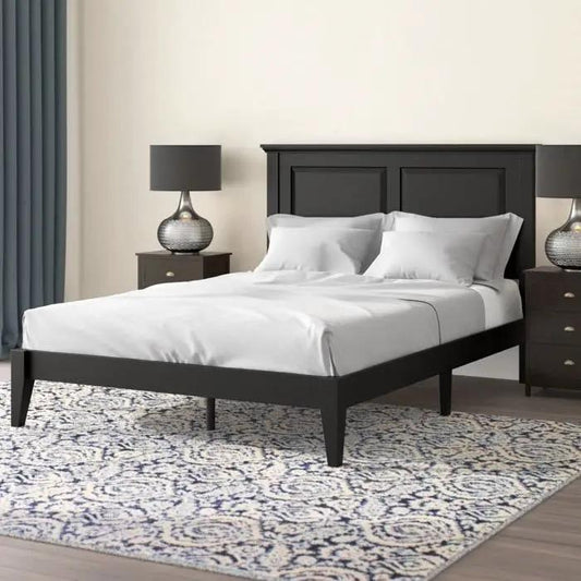 Full traditional platform bed frame in black with headboard, white bedding, nightstands on Tampa Home & Garden Store