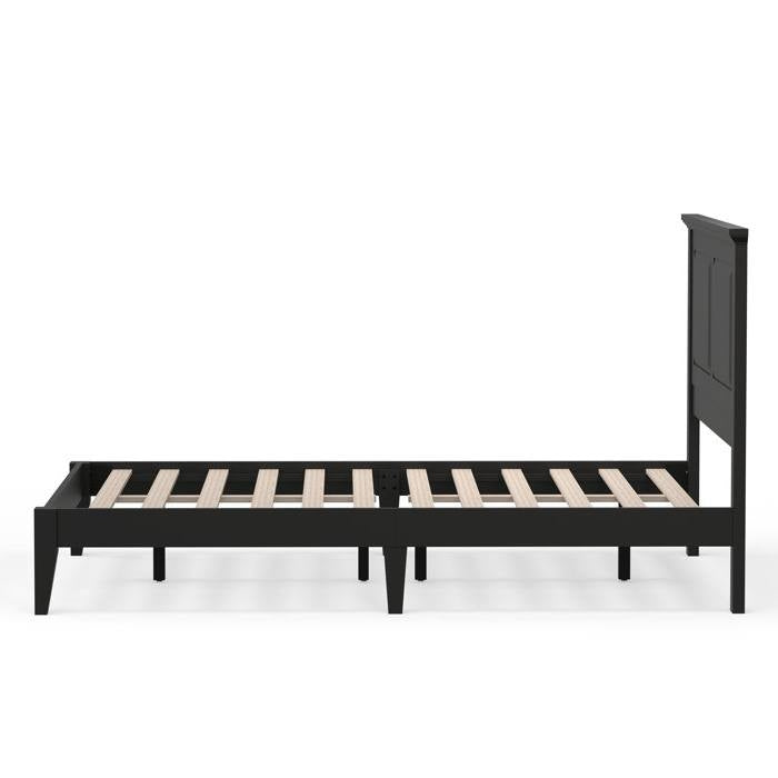 Base de cama de plataforma de madera maciza de roble tradicional completa con cabecero en negro