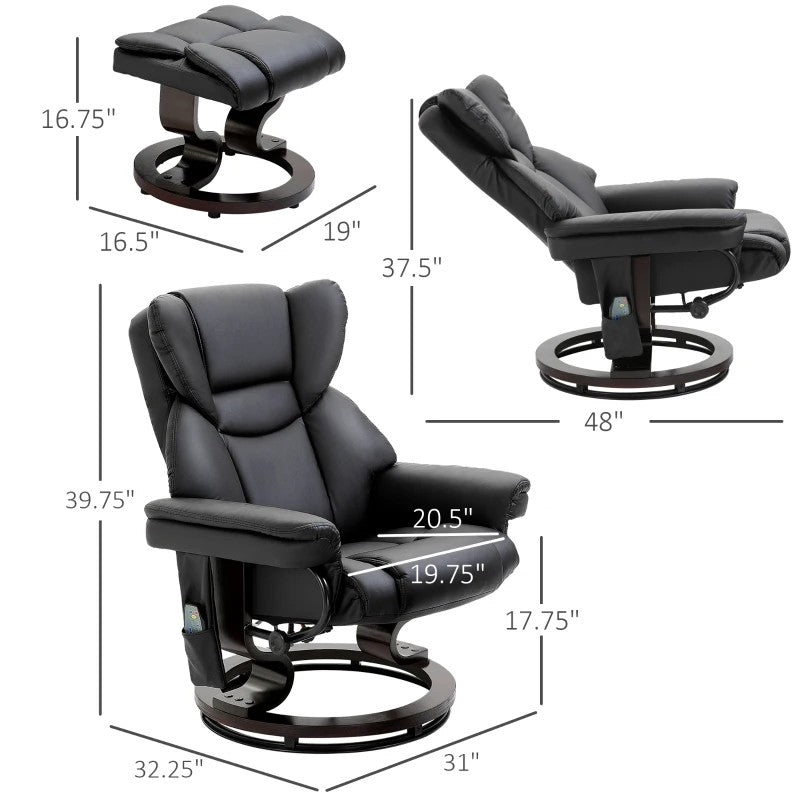 Sillón reclinable de masaje con control remoto y otomana, de piel sintética negra ajustable