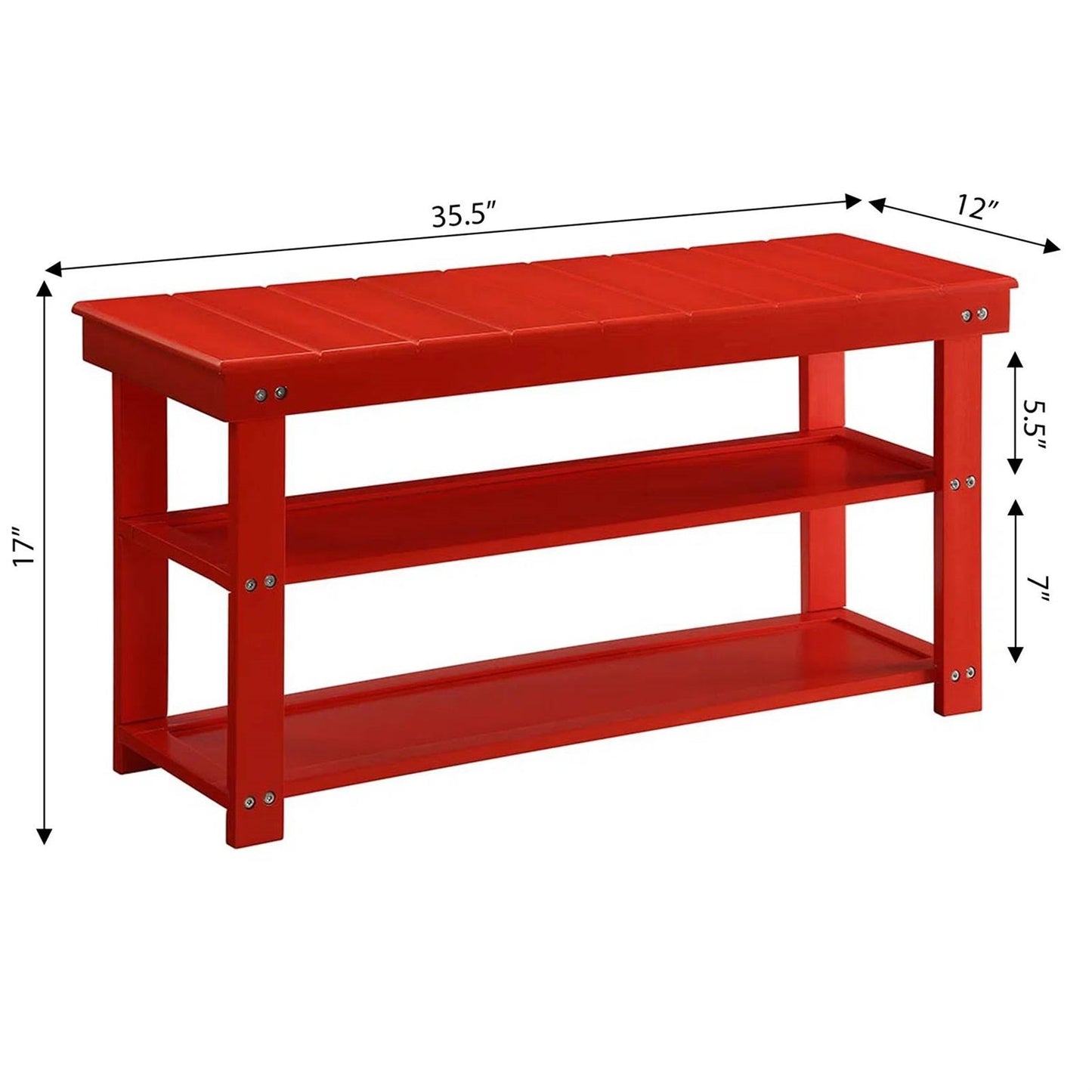 Banco zapatero de almacenamiento rojo de madera con 2 estantes para recibidor o armario