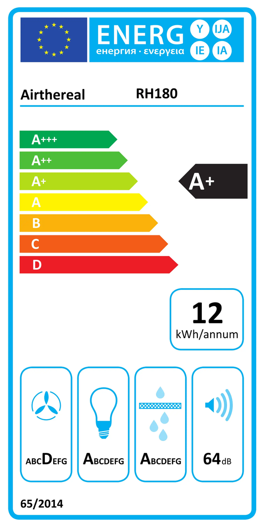 Airthereal RH180 range hood energy label with A+++ rating on Tampa Home & Garden Store