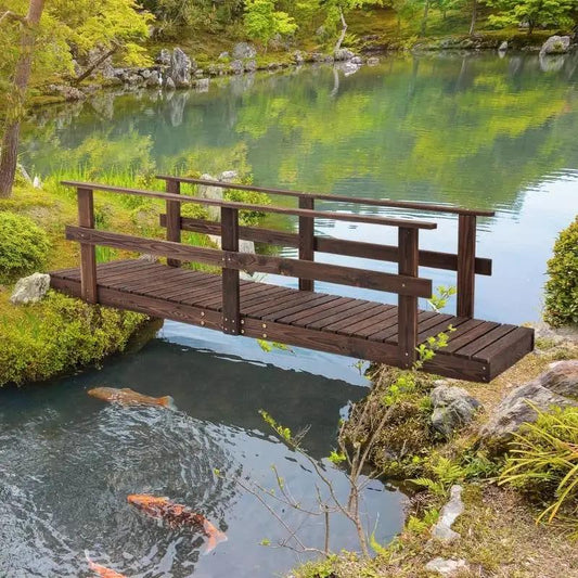 7 Ft outdoor wooden garden bridge with hand rails brown wood over koi pond HomePacific on Tampa Home & Garden Store