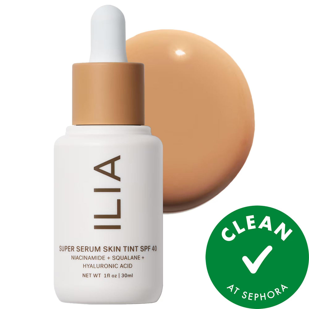 ILIA Super Serum Skin Tint SPF 40 bottle with white dropper and tan cap, ILIA branding on Tampa Home & Garden Store