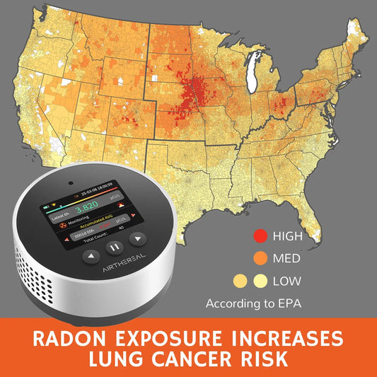 RM-65 Radon Detector by Airthereal for home basement; white compact device with digital display on Tampa Home & Garden Store