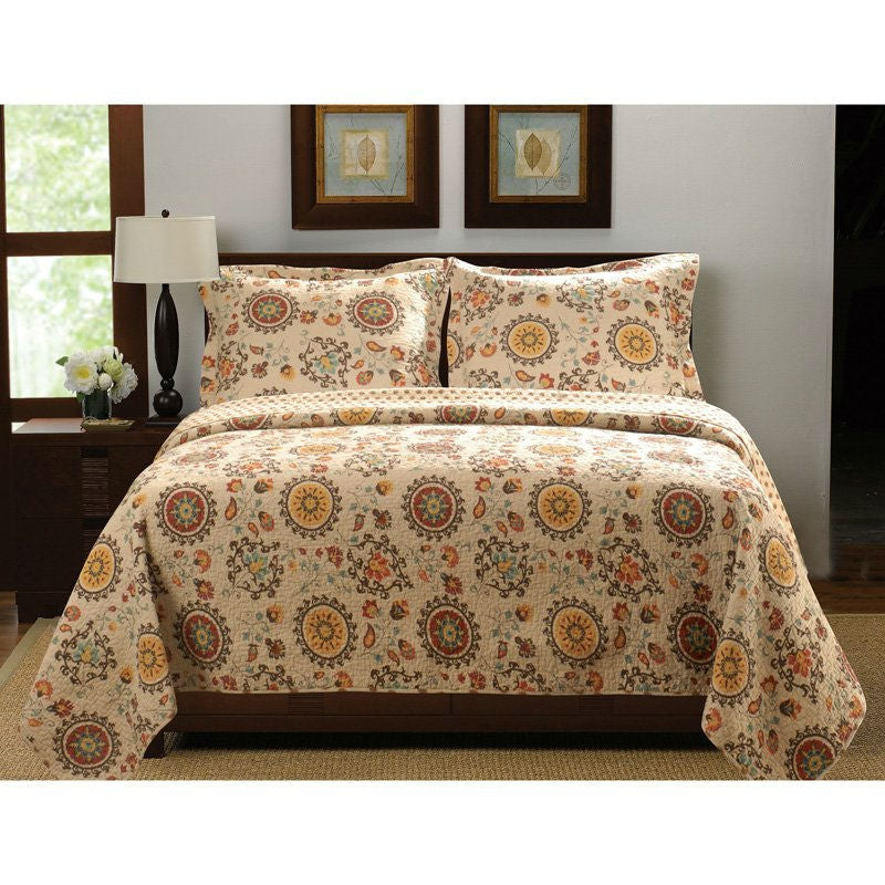 Juego de colcha reversible de 3 piezas Full / Queen con medallón floral retro en forma de luna