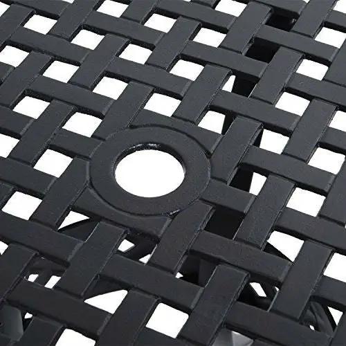 Round patio table 36 inch black cast aluminum with woven lattice top and central umbrella hole on Tampa Home & Garden Store