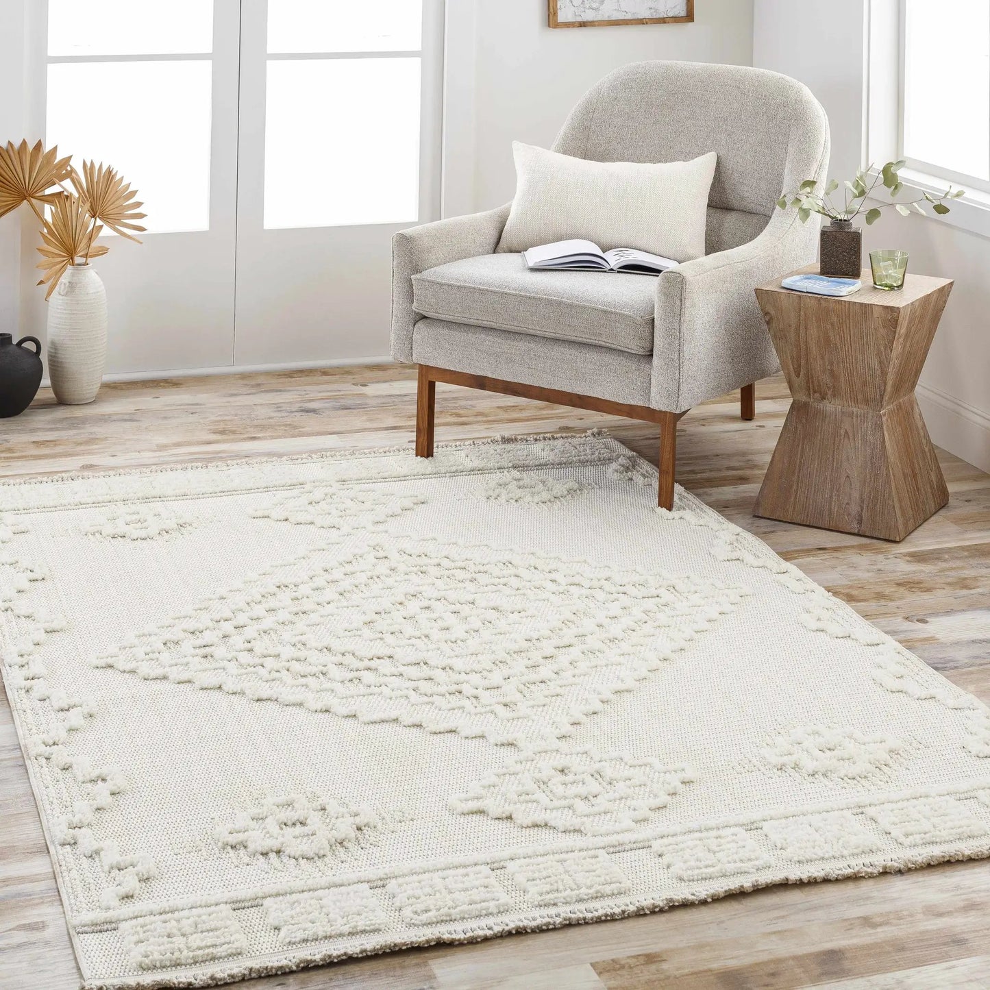 Rosales High Low Rustic Cream Polyester Rug with textured border by Boutique Rugs on Tampa Home & Garden Store