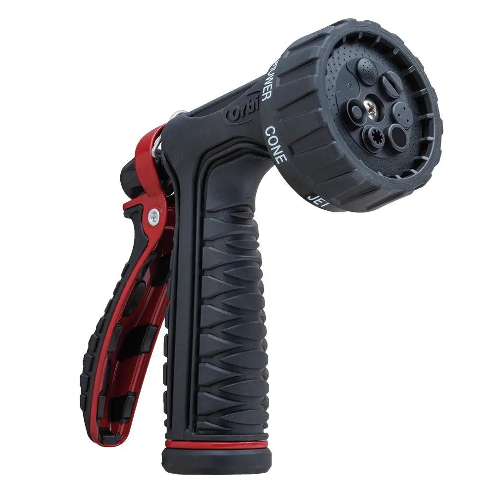 Orbit Pro Flo 7-Pattern Metal Rear Trigger Nozzle with black body and red trigger grip on Tampa Home & Garden Store