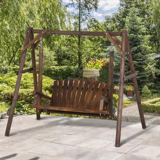 Farmhouse log-frame two-seat swing bench brown porch swing on Tampa Home & Garden Store