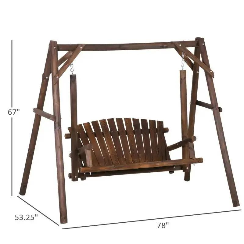 Farmhouse log-frame two-seat wooden swing bench on an A-frame outdoor porch swing, brown stain on Tampa Home & Garden Store