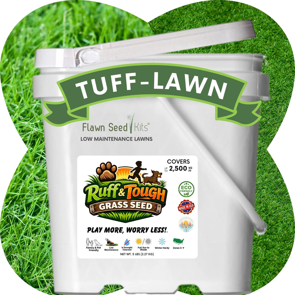 Ruff & Tough Grass Seed canister by Flawn Seed Kits, gray plastic container with green label on Tampa Home & Garden Store