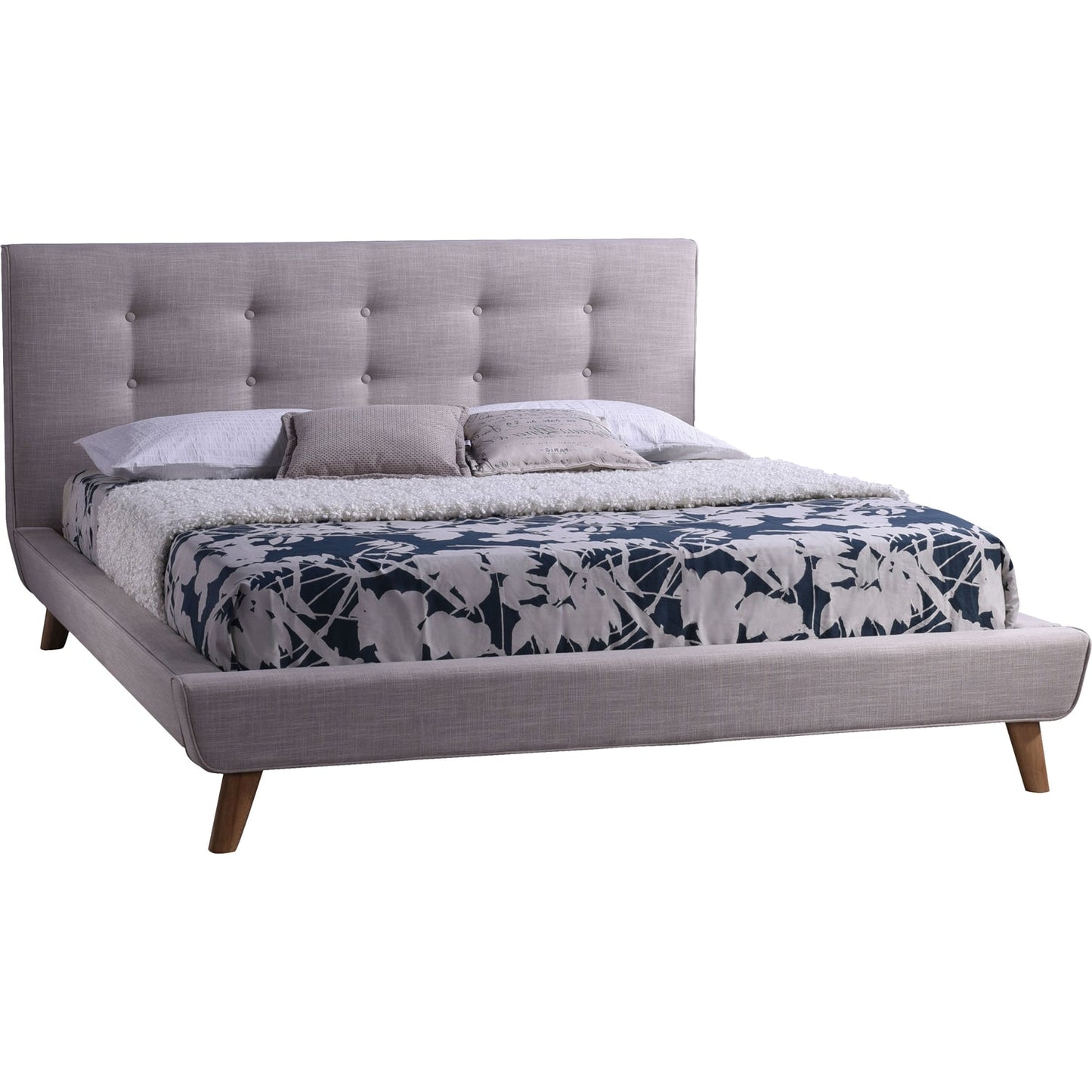 Cama de plataforma tapizada beige estilo Mid-Century tamaño Queen