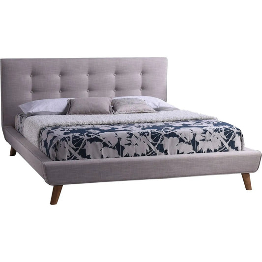Queen size beige upholstered platform bed with tufted headboard and tapered wood legs on Tampa Home & Garden Store