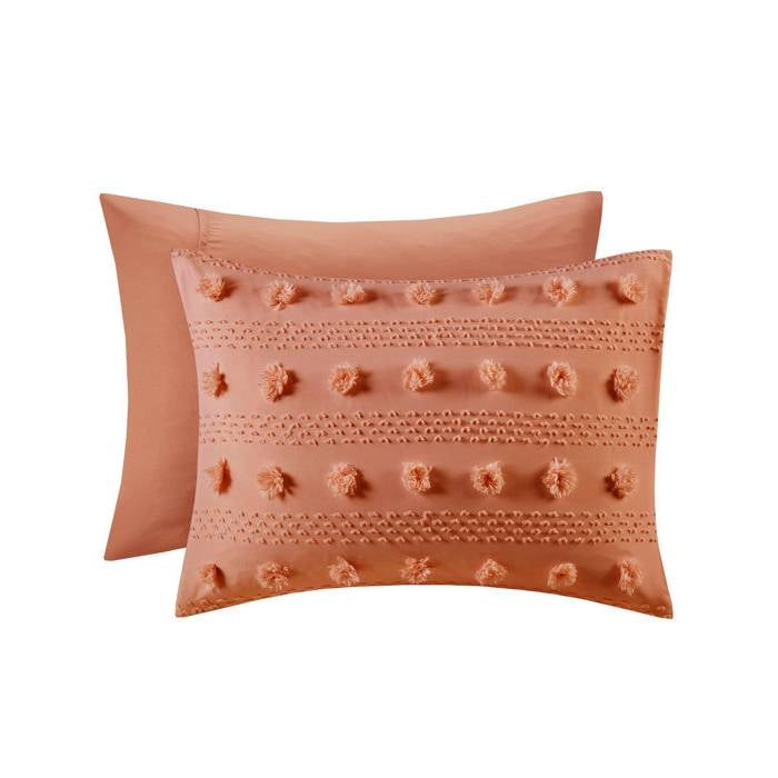 Juego de edredón de microfibra con pompones color naranja óxido de 2 piezas, Twin/Twin XL