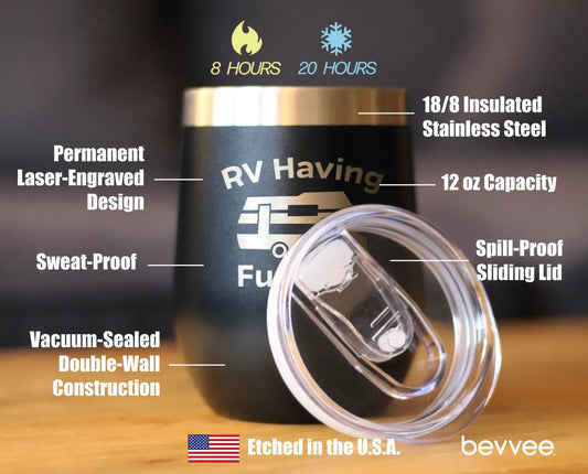 RV Having Fun Yet Wine Tumbler by bevvee, black 12 oz stainless steel with sliding lid on Tampa Home & Garden Store