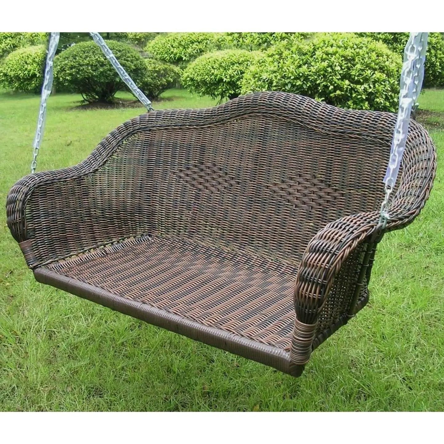 Brown resin wicker porch swing with 4 ft chain, outdoor seating on Tampa Home & Garden Store