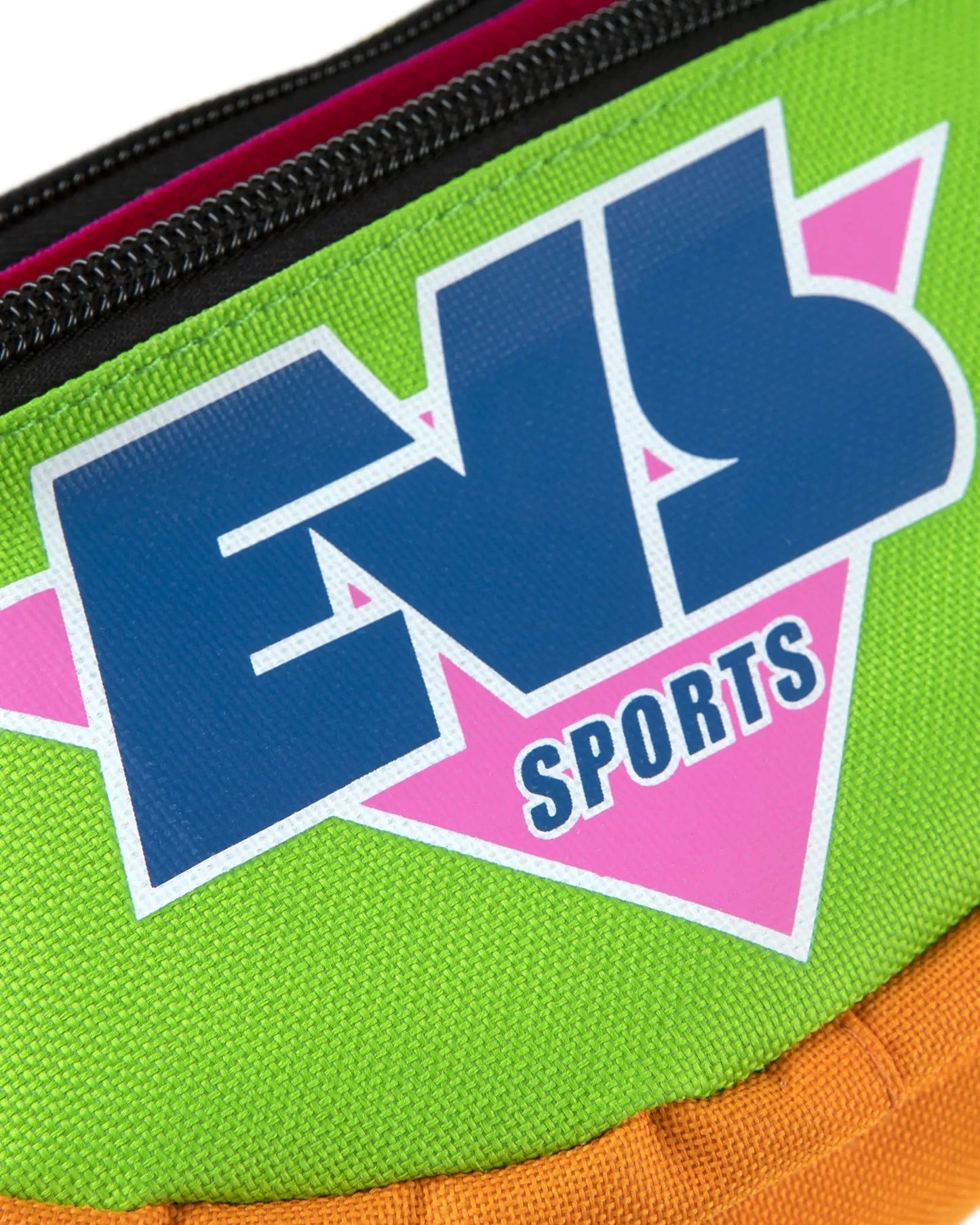 EVS Retro Waist Pack neon green fabric with bold blue EVS Sports logo patch on Tampa Home & Garden Store