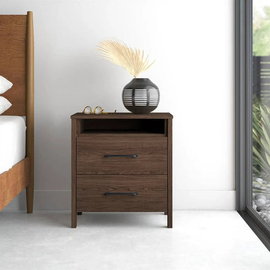 Modern walnut nightstand with two drawers and open shelf, black vase with palm leaf on Tampa Home & Garden Store
