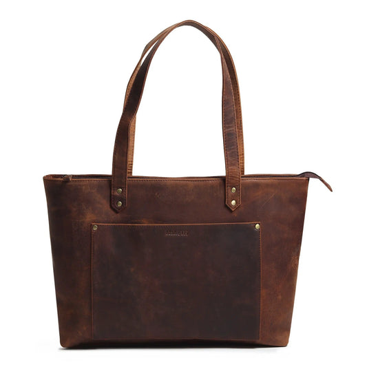 Rachel Large Buffalo Leather Tote for Laptop brown leather tote with front pocket on Tampa Home & Garden Store