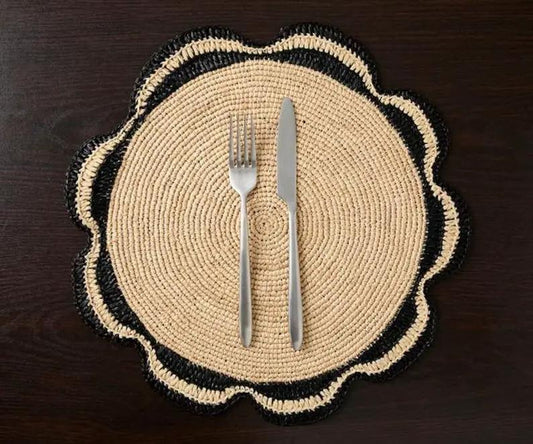 Raffia Woven Placemat handmade natural beige with black scalloped edge on Tampa Home & Garden Store