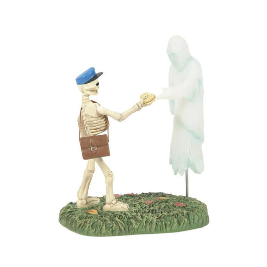 Rain nor Sleet nor Fright skeleton carrier figure and ghost in Halloween village scene on Tampa Home & Garden Store