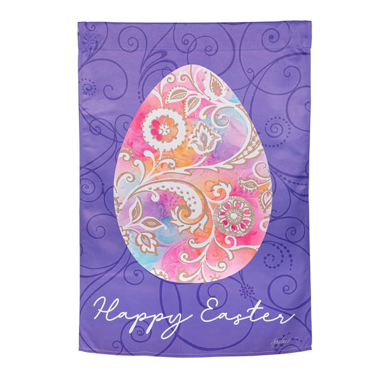 Suede Flags Rainbow Egg House Flag with purple background and pastel paisley egg motif on Tampa Home & Garden Store