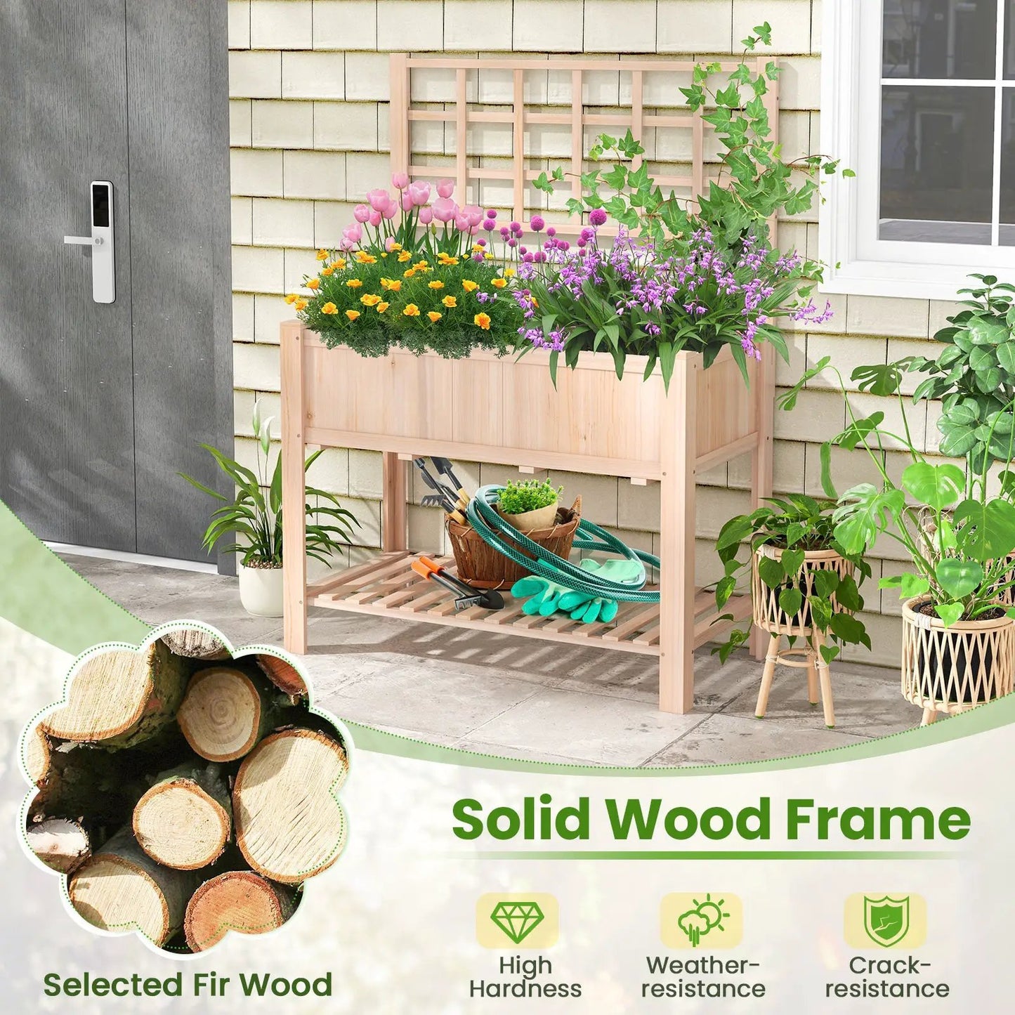 Raised Garden Bed With Trellis and Planter Box natural fir wood flowering display on Tampa Home & Garden Store