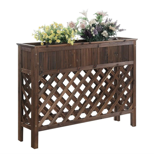 Raised Patio Planter Weathered Cedar with lattice panels and two floral bouquets on top on Tampa Home & Garden Store