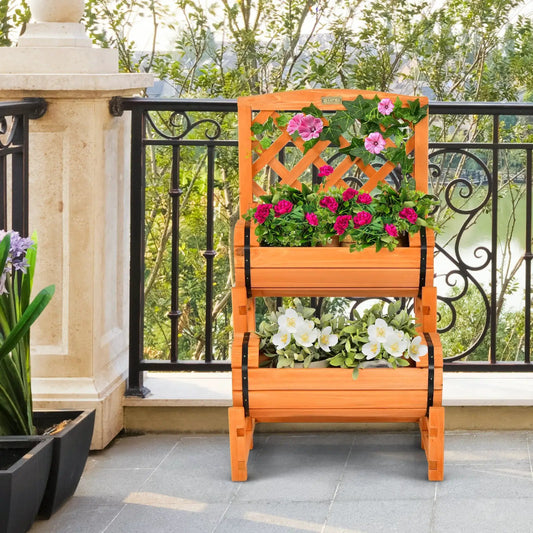 2-Tier Raised Garden Bed with Trellis and Planter Boxes, orange wood frame by DirectDeals, blooming pink petunias and climbing ivy on balcony railing on Tampa Home & Garden Store