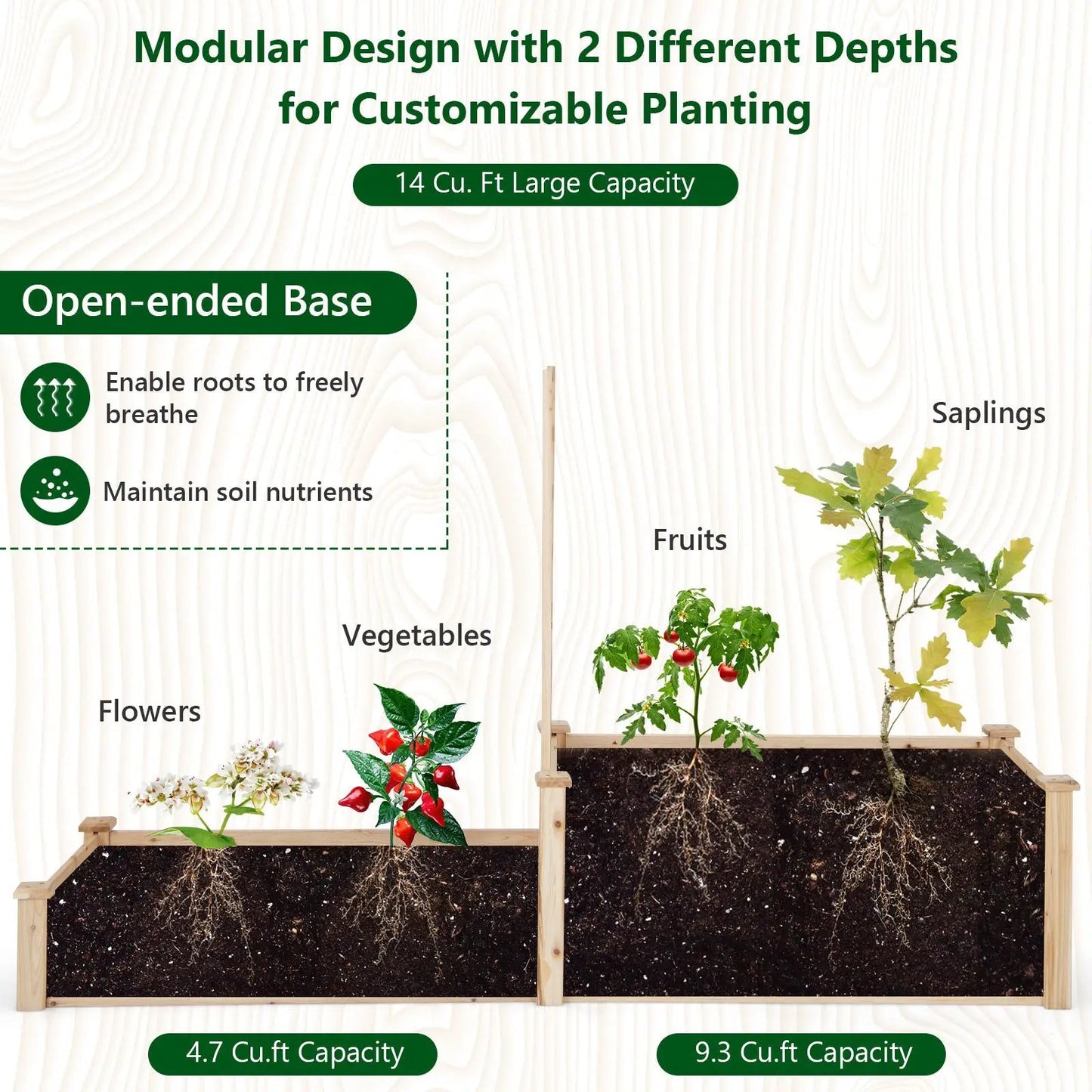 Raised Garden Bed with Trellis, natural fir wood; two wooden planters with soil and plants on Tampa Home & Garden Store