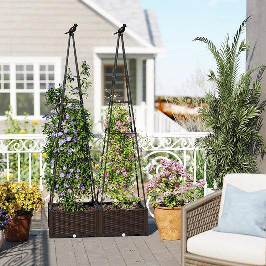 Pair of raised garden beds with adjustable black trellises on a sunny patio, blooming vines on Tampa Home & Garden Store