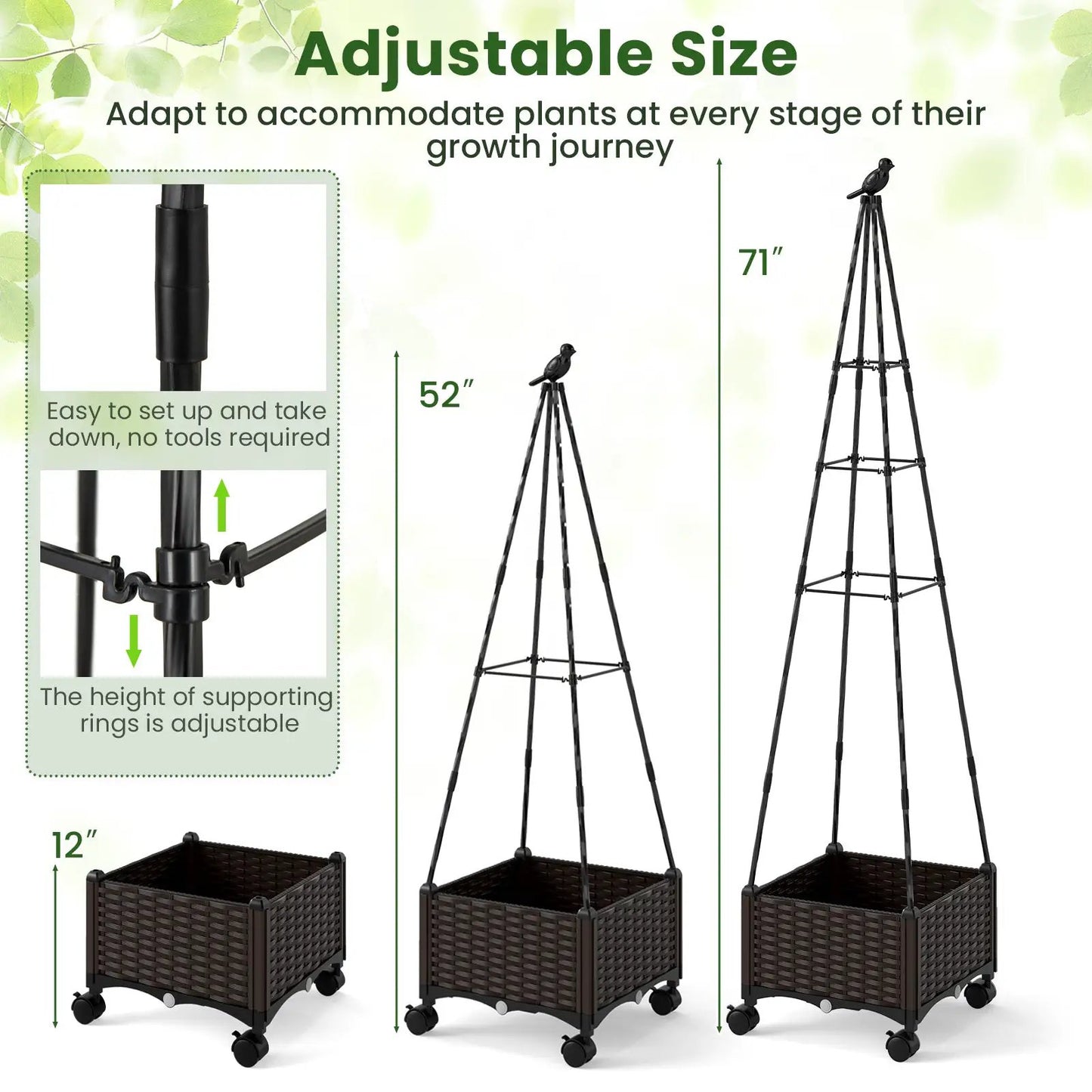 Raised Garden Bed with Adjustable Trellis by DirectDeals; wicker planters on wheels on Tampa Home & Garden Store