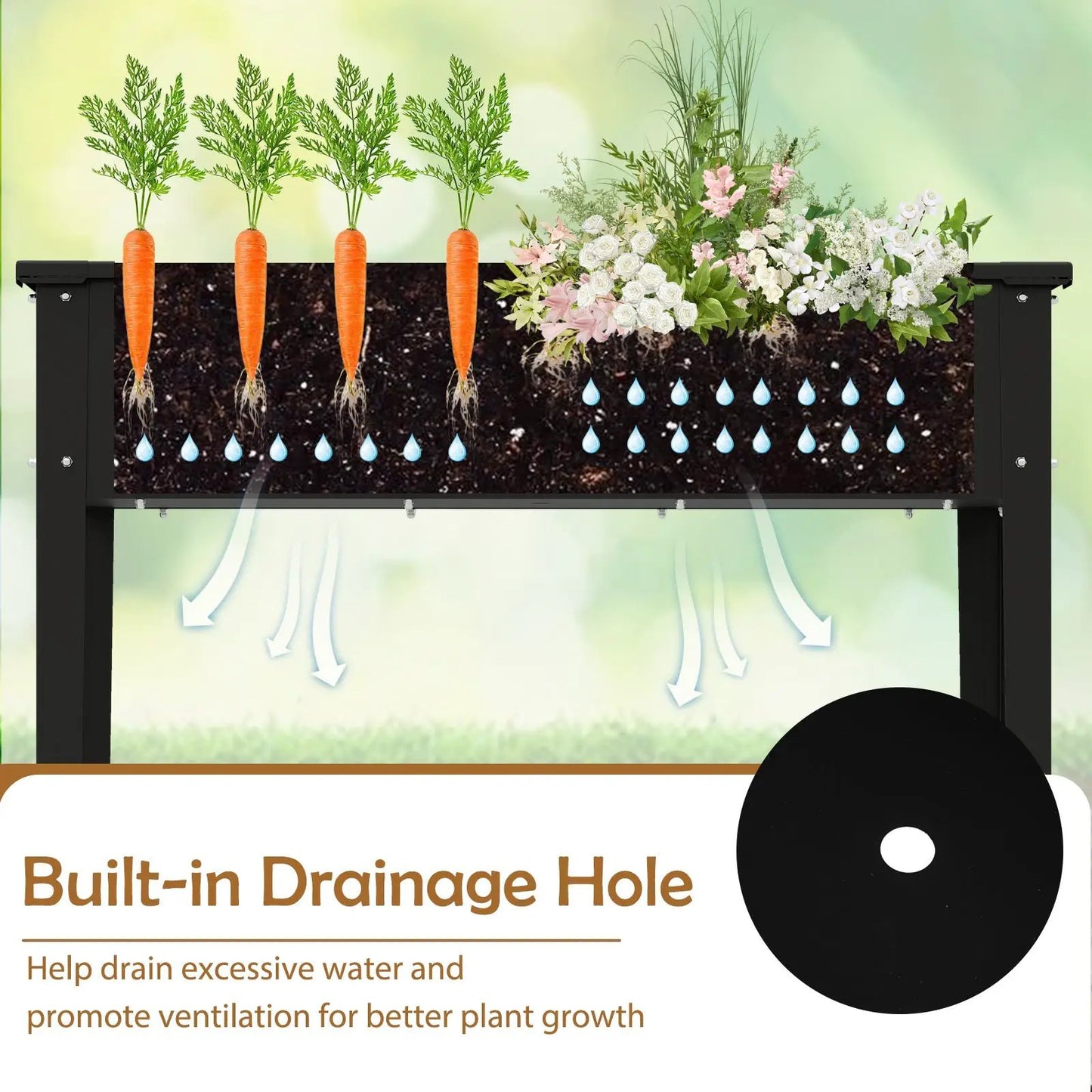 Raised metal garden bed planter box with legs, carrot plants and flowers, built-in drainage hole on Tampa Home & Garden Store