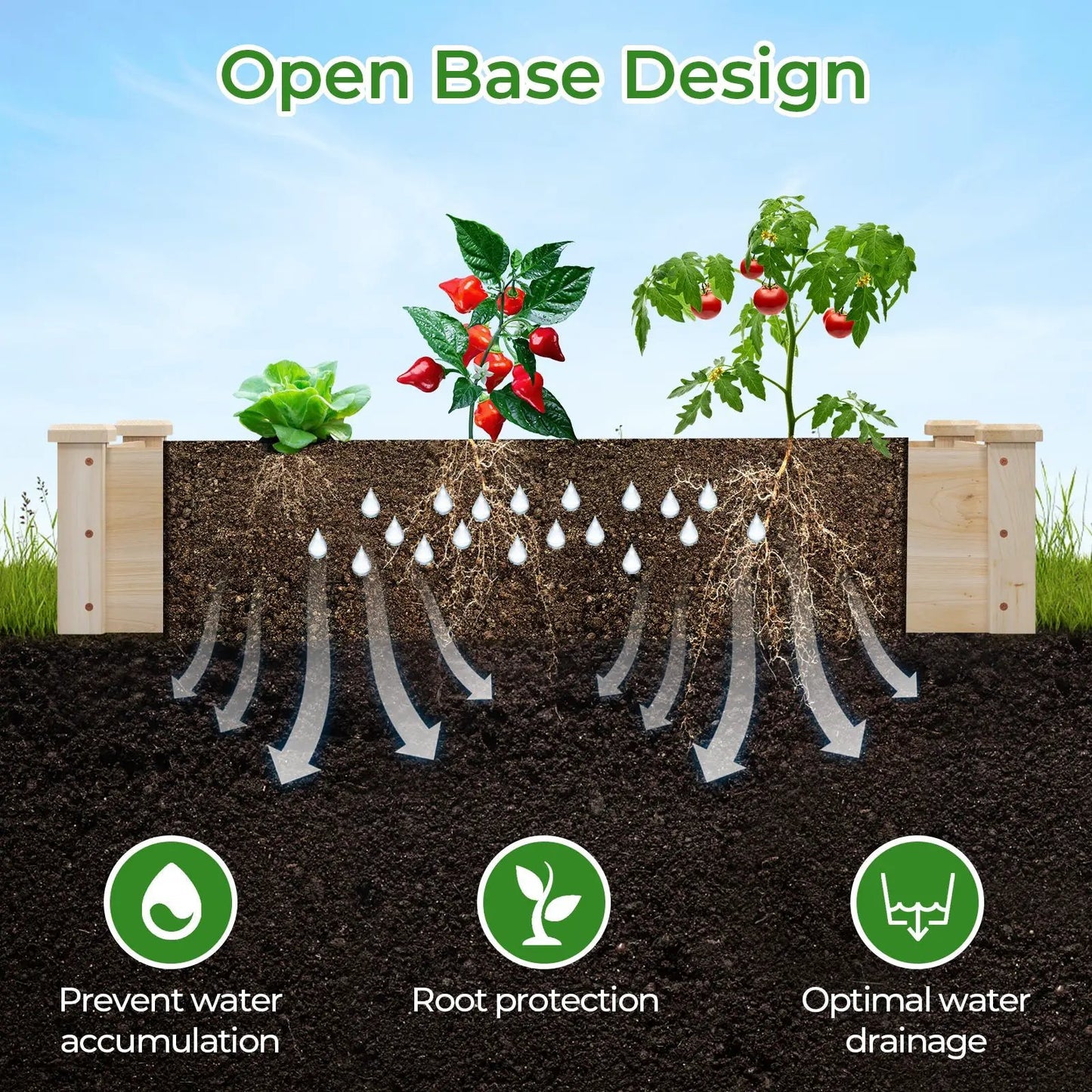 Raised Garden Bed Fir Wood Open-Base Planter Box with lettuce, peppers and tomatoes on Tampa Home & Garden Store