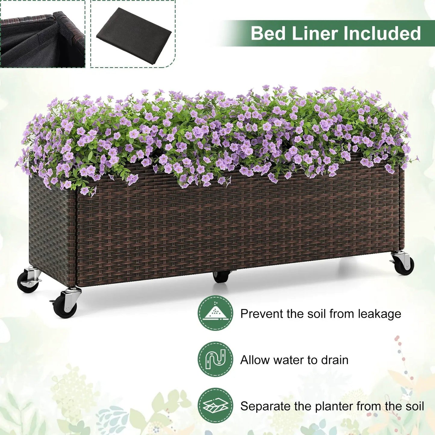 Raised garden bed in brown wicker with wheels and liner, filled with purple flowers on Tampa Home & Garden Store