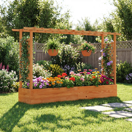 Wooden raised garden bed planter with lattice trellis and hanging pots in bloom on Tampa Home & Garden Store