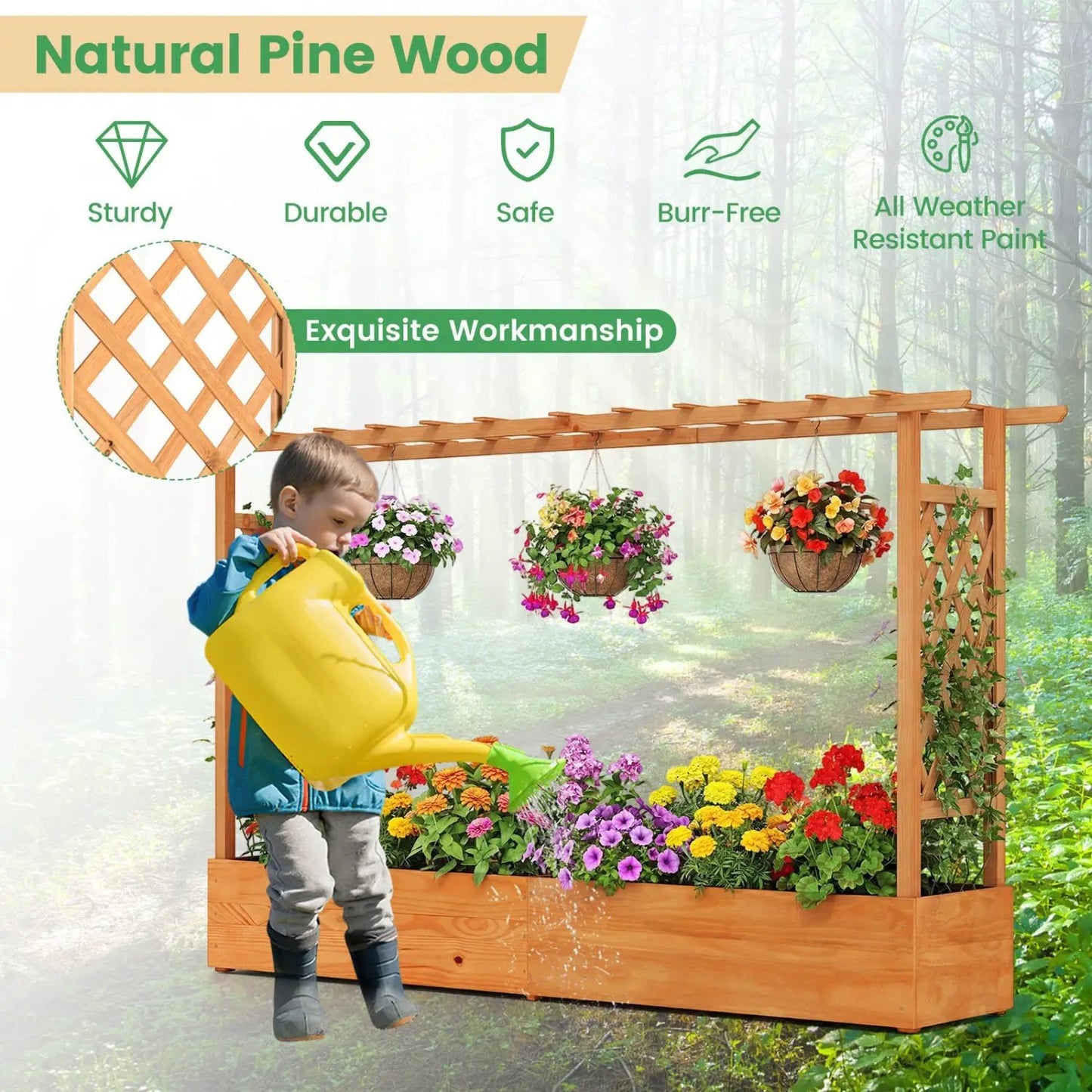 Raised Garden Bed Planter in pine with lattice trellis and hanging baskets by DirectDeals on Tampa Home & Garden Store